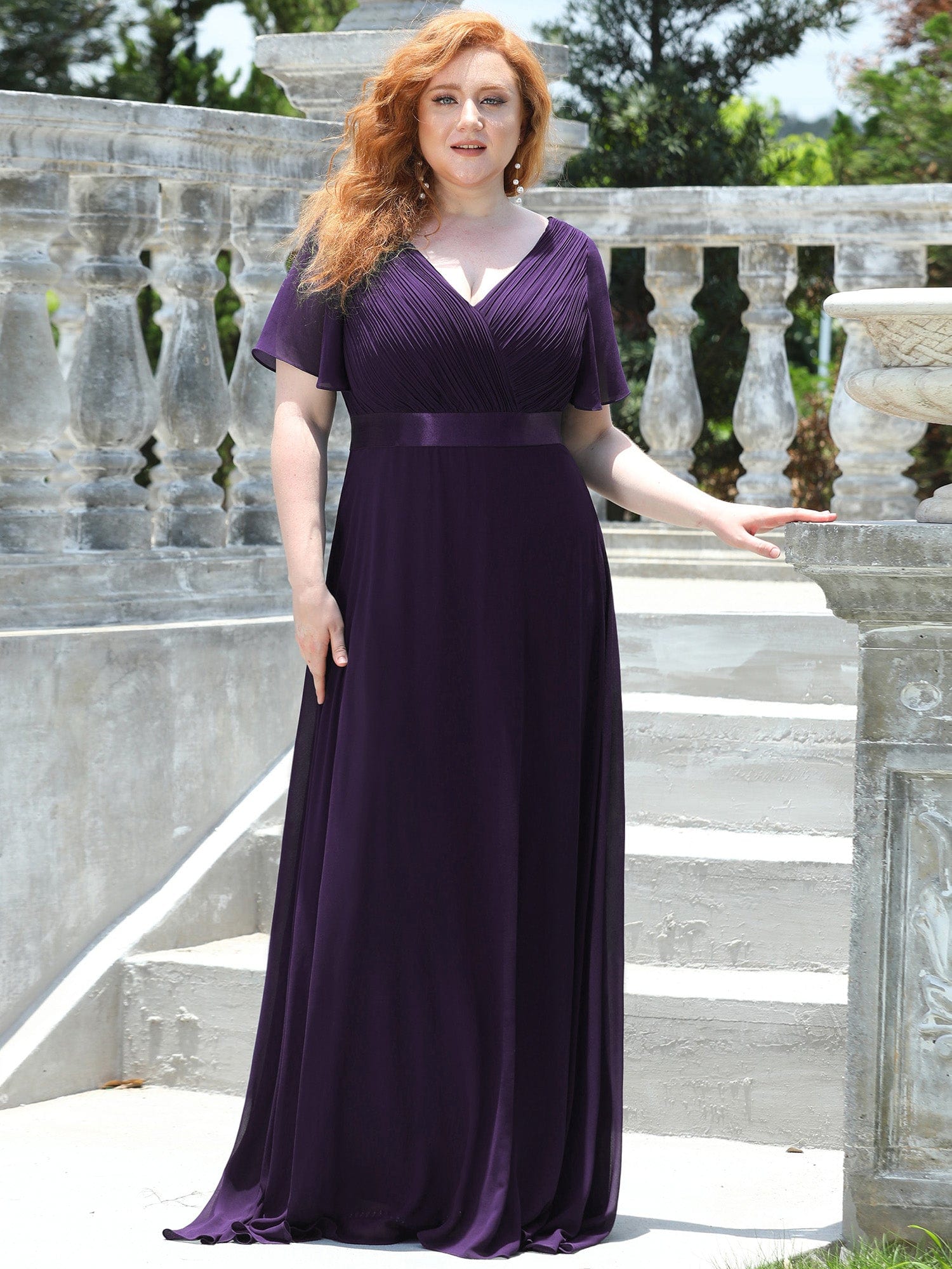 Custom Size Flutter Sleeves Chiffon Empire Waist Bridesmaid Dress #color_Dark Purple