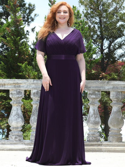 Custom Size Flutter Sleeves Chiffon Empire Waist Bridesmaid Dress #color_Dark Purple