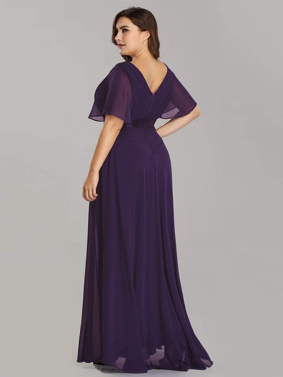 Long Chiffon Empire Waist Bridesmaid Dress with Short Flutter Sleeves #color_Dark Purple