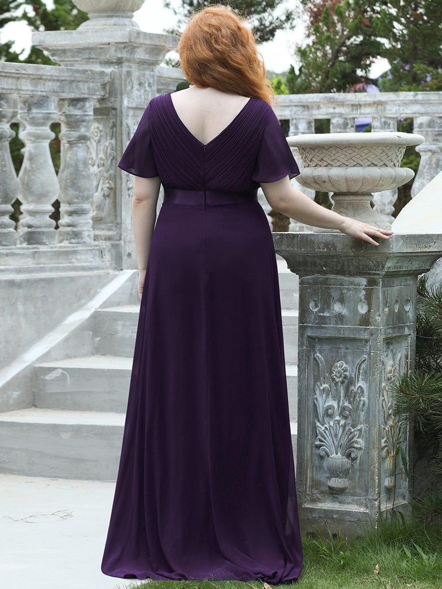 Plus Size Long Empire Waist Evening Dress With Short Flutter Sleeves #color_Dark Purple