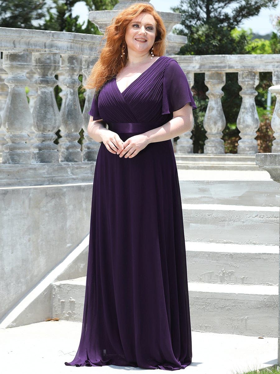 Plus Size Long Empire Waist Evening Dress With Short Flutter Sleeves #color_Dark Purple