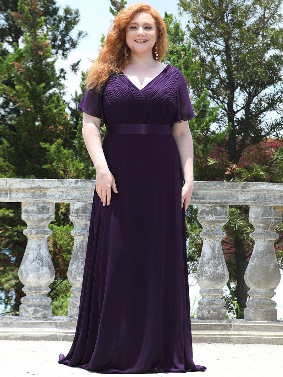 Plus Size Long Empire Waist Evening Dress With Short Flutter Sleeves #color_Dark Purple