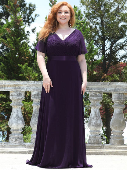 Plus Size Long Empire Waist Evening Dress With Short Flutter Sleeves #color_Dark Purple