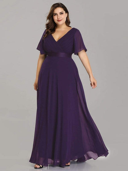 Long Chiffon Empire Waist Bridesmaid Dress with Short Flutter Sleeves #color_Dark Purple