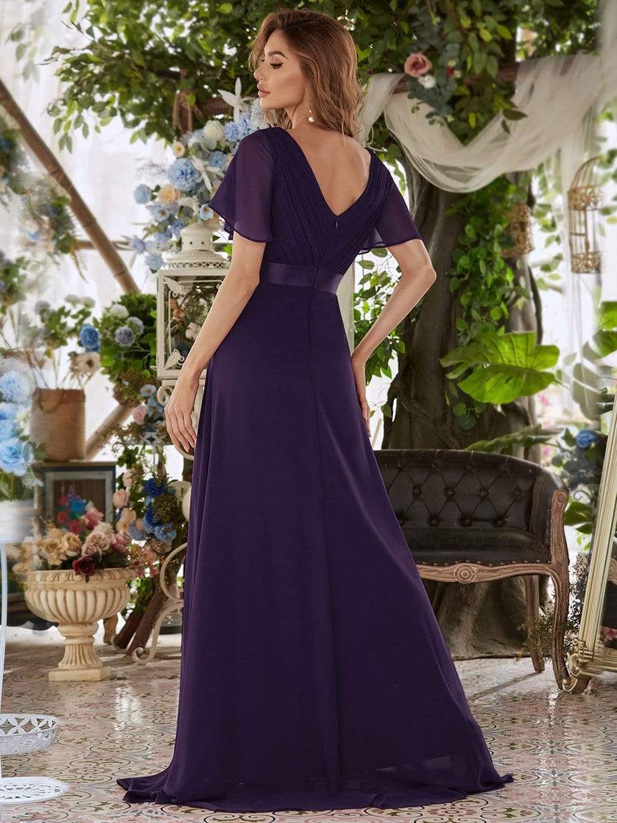 Long Chiffon Empire Waist Bridesmaid Dress with Short Flutter Sleeves #color_Dark Purple