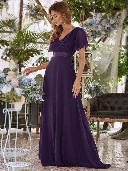 Long Chiffon Empire Waist Bridesmaid Dress with Short Flutter Sleeves #color_Dark Purple