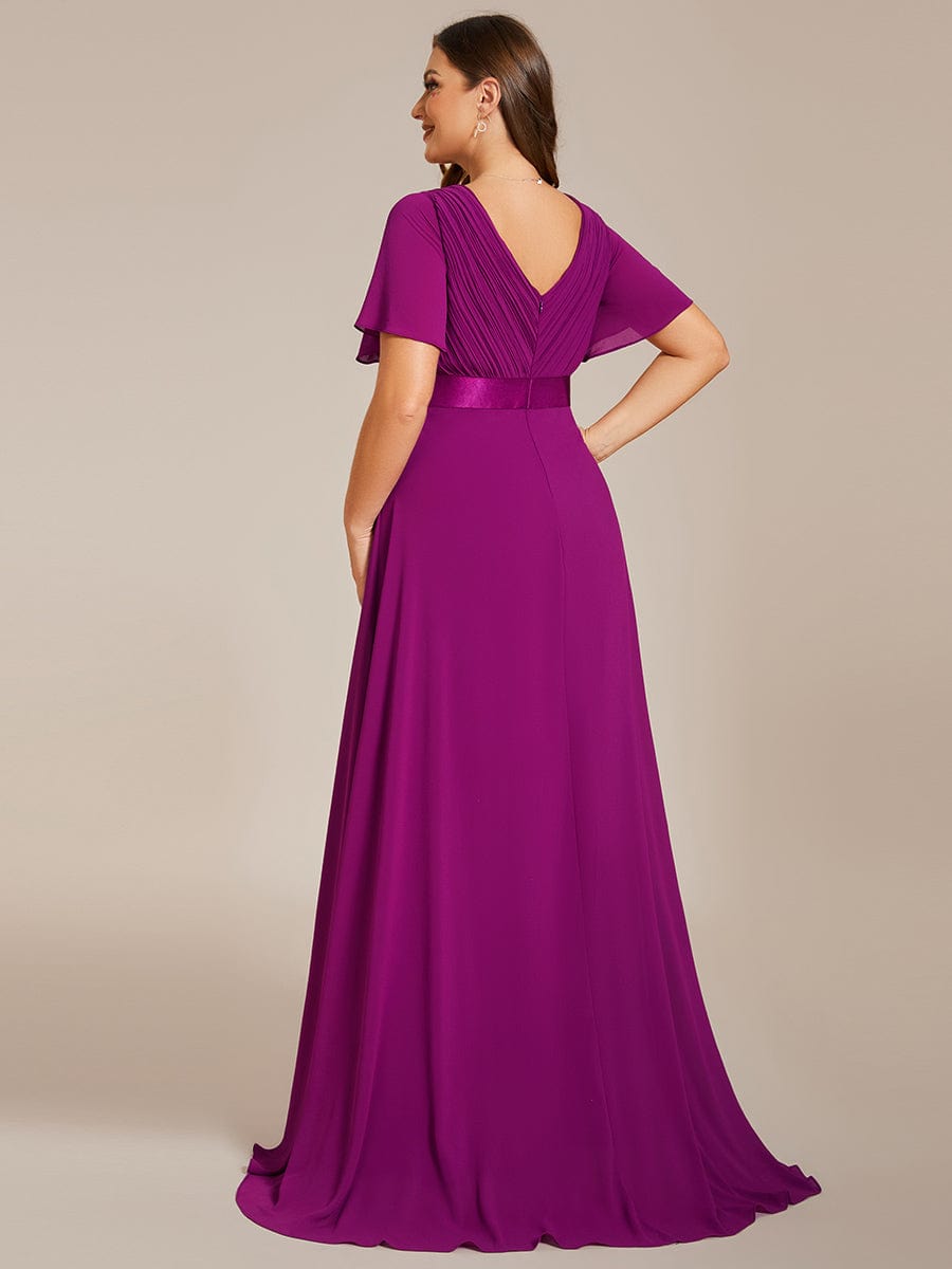 Plus Size Simple Empire Waist Flutter Sleeve Evening Dress #color_Fuchsia