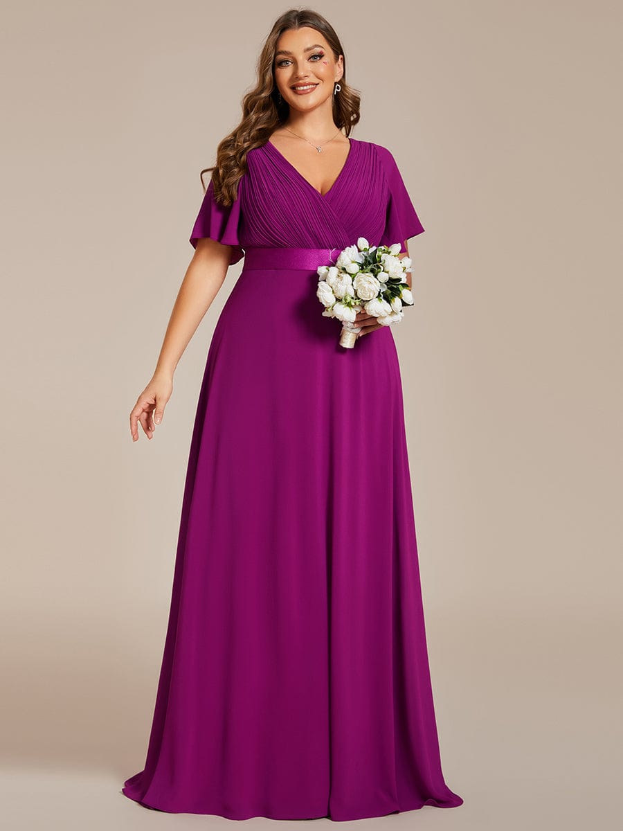 Plus Size Simple Empire Waist Flutter Sleeve Evening Dress #color_Fuchsia