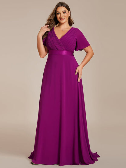 Plus Size Simple Empire Waist Flutter Sleeve Evening Dress #color_Fuchsia