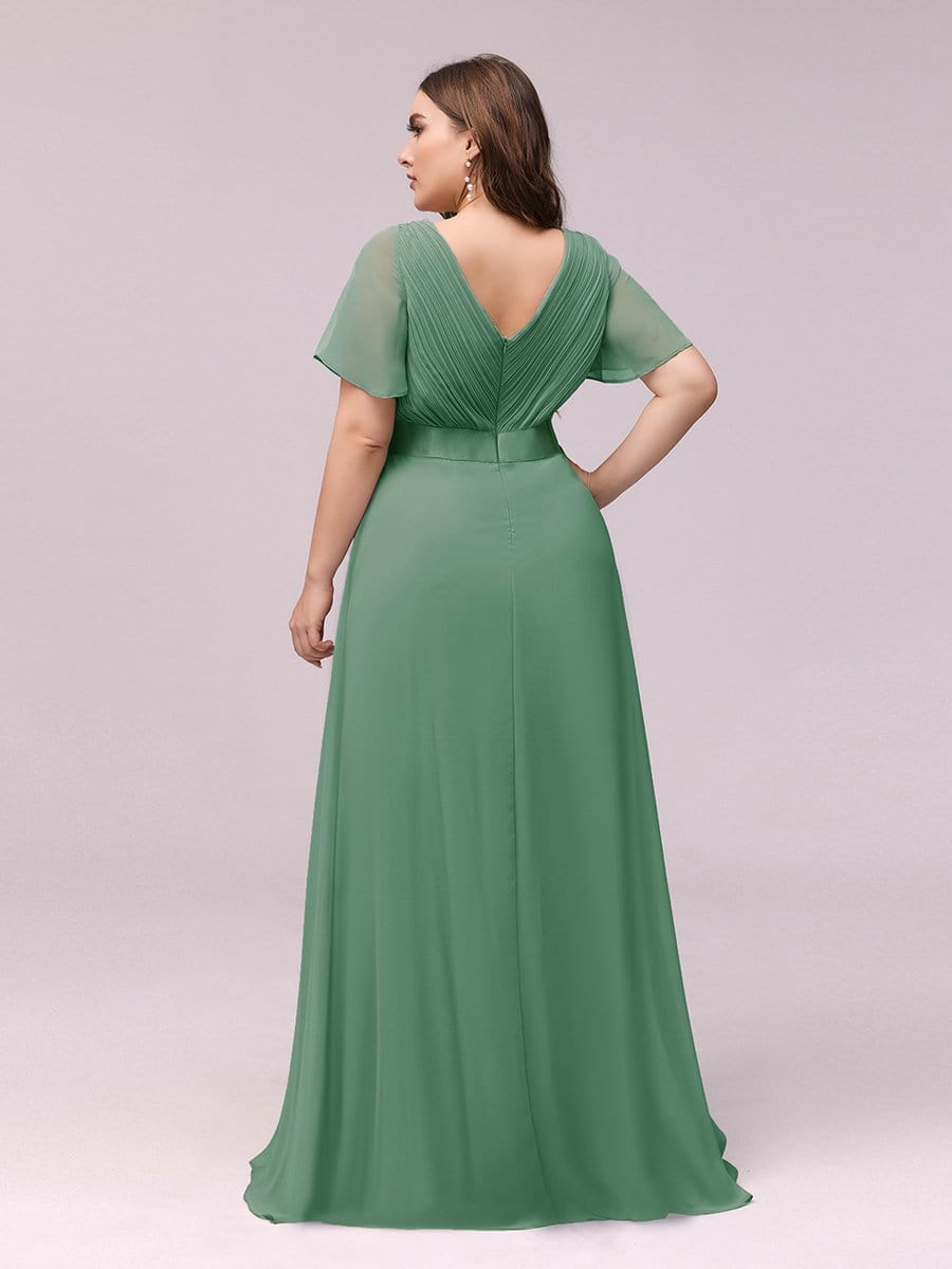 Long Chiffon Empire Waist Bridesmaid Dress with Short Flutter Sleeves #color_Green Bean