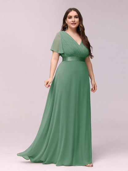 Plus Size Long Empire Waist Evening Dress With Short Flutter Sleeves #color_Green Bean