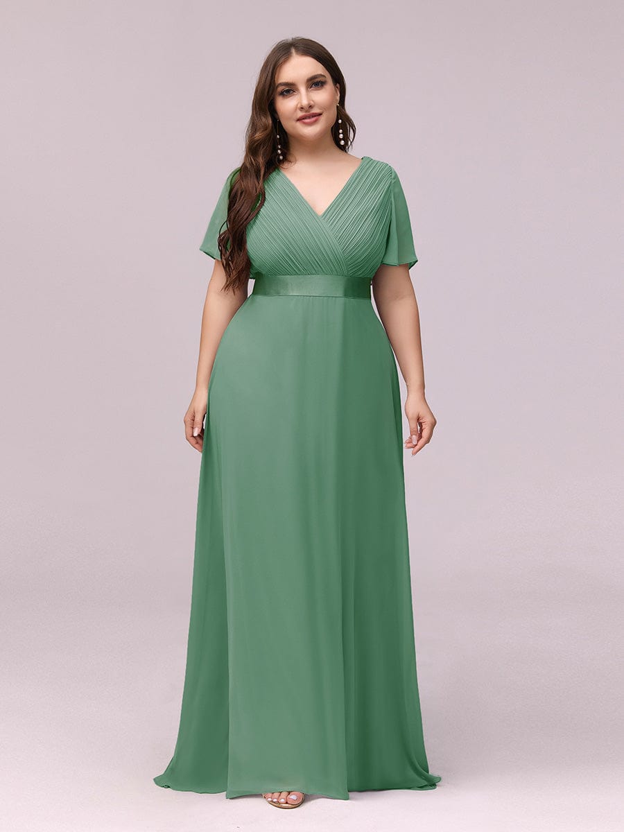 Plus Size Long Empire Waist Evening Dress With Short Flutter Sleeves #color_Green Bean