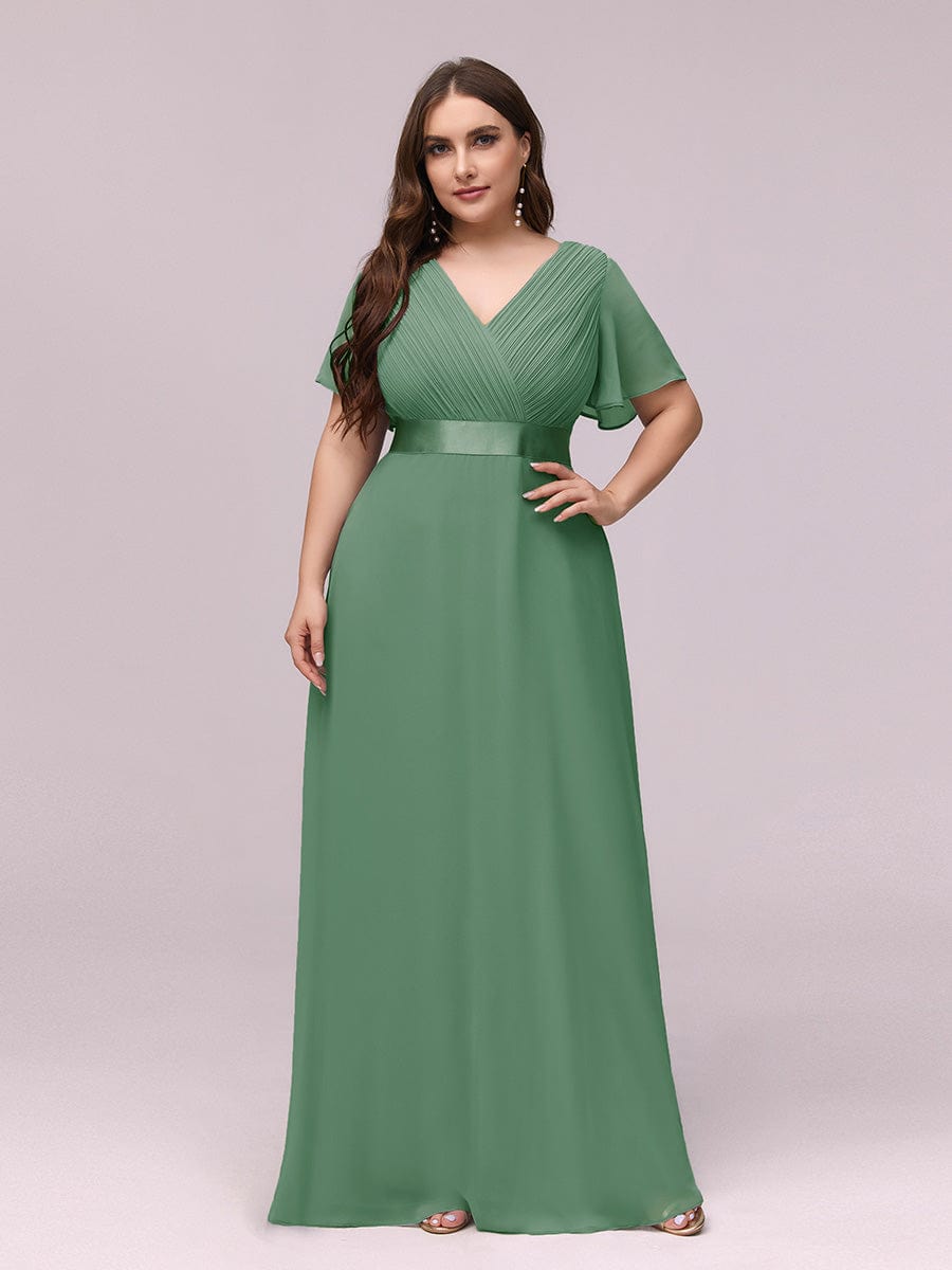 Plus Size Long Empire Waist Evening Dress With Short Flutter Sleeves #color_Green Bean