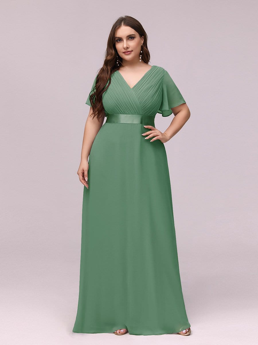 Long Chiffon Empire Waist Bridesmaid Dress with Short Flutter Sleeves #color_Green Bean