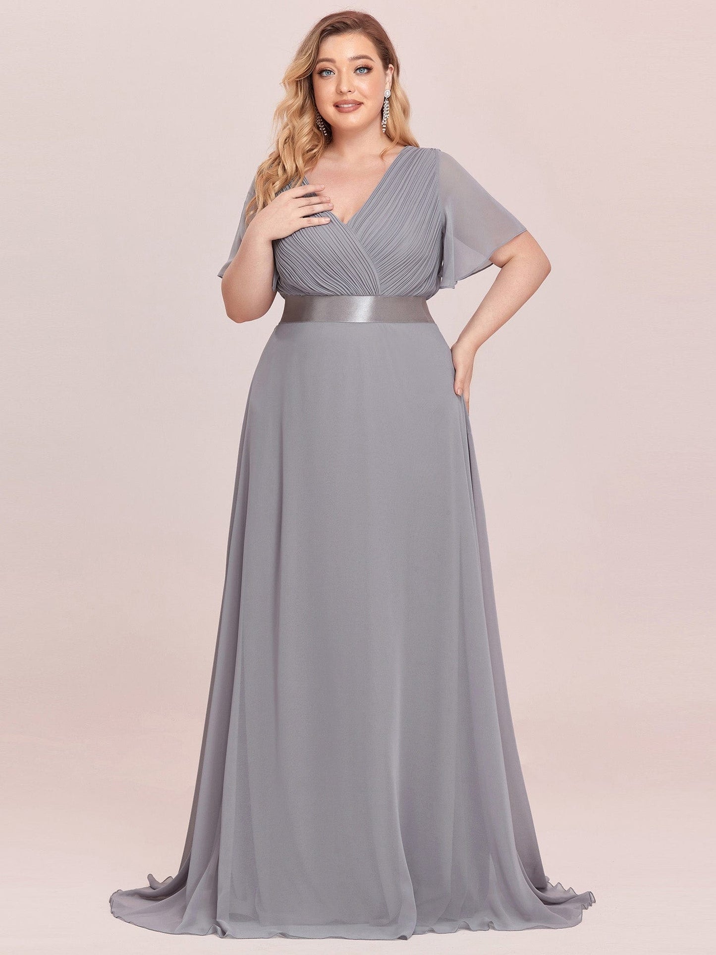 Custom Size Flutter Sleeves Chiffon Empire Waist Bridesmaid Dress #color_Grey