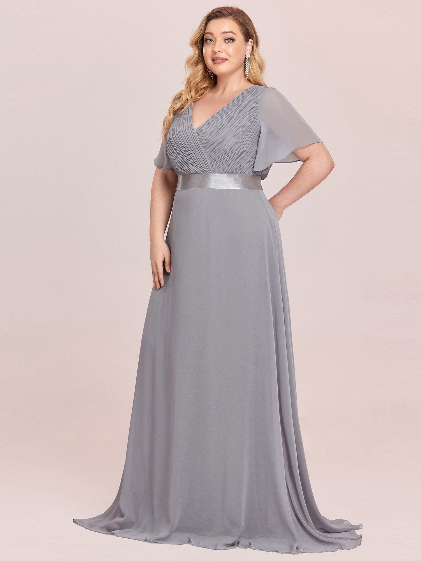 Custom Size Flutter Sleeves Chiffon Empire Waist Bridesmaid Dress #color_Grey