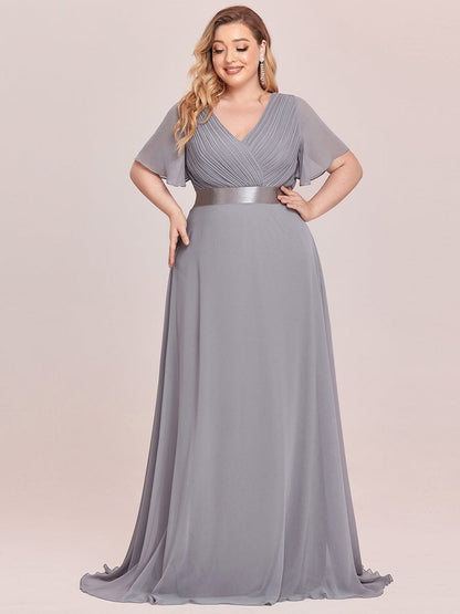 Plus Size Simple Empire Waist Flutter Sleeve Evening Dress #color_Grey