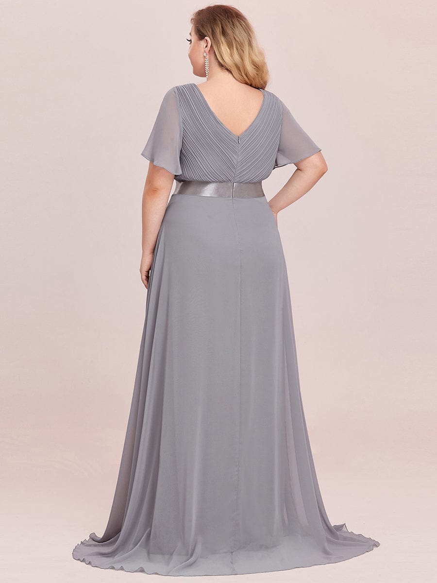 Plus Size Simple Empire Waist Flutter Sleeve Evening Dress #color_Grey