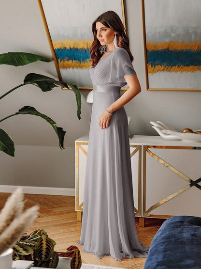 Long Chiffon Empire Waist Bridesmaid Dress with Short Flutter Sleeves #color_Grey