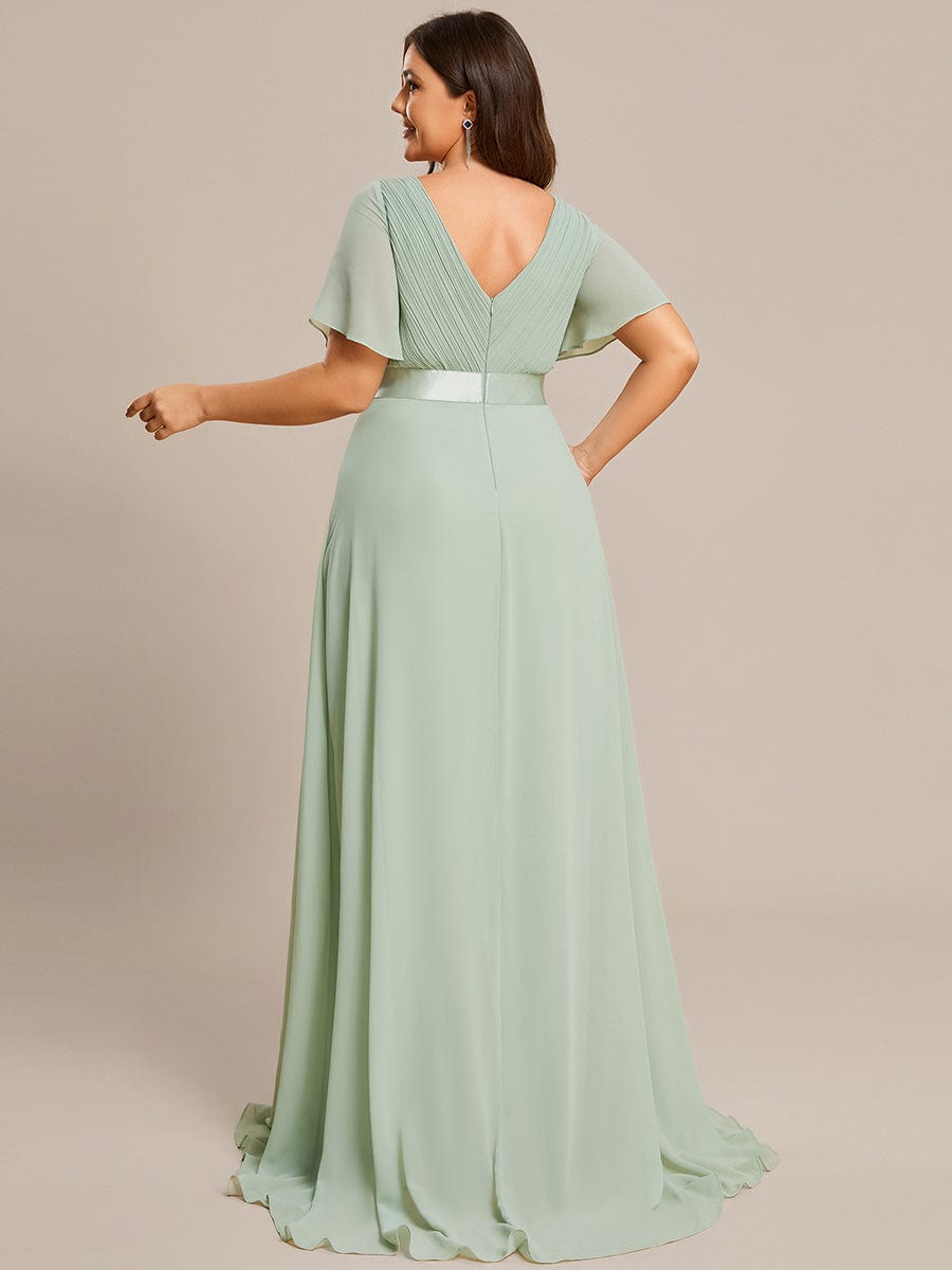 Long Chiffon Empire Waist Bridesmaid Dress with Short Flutter Sleeves #color_Mint Green