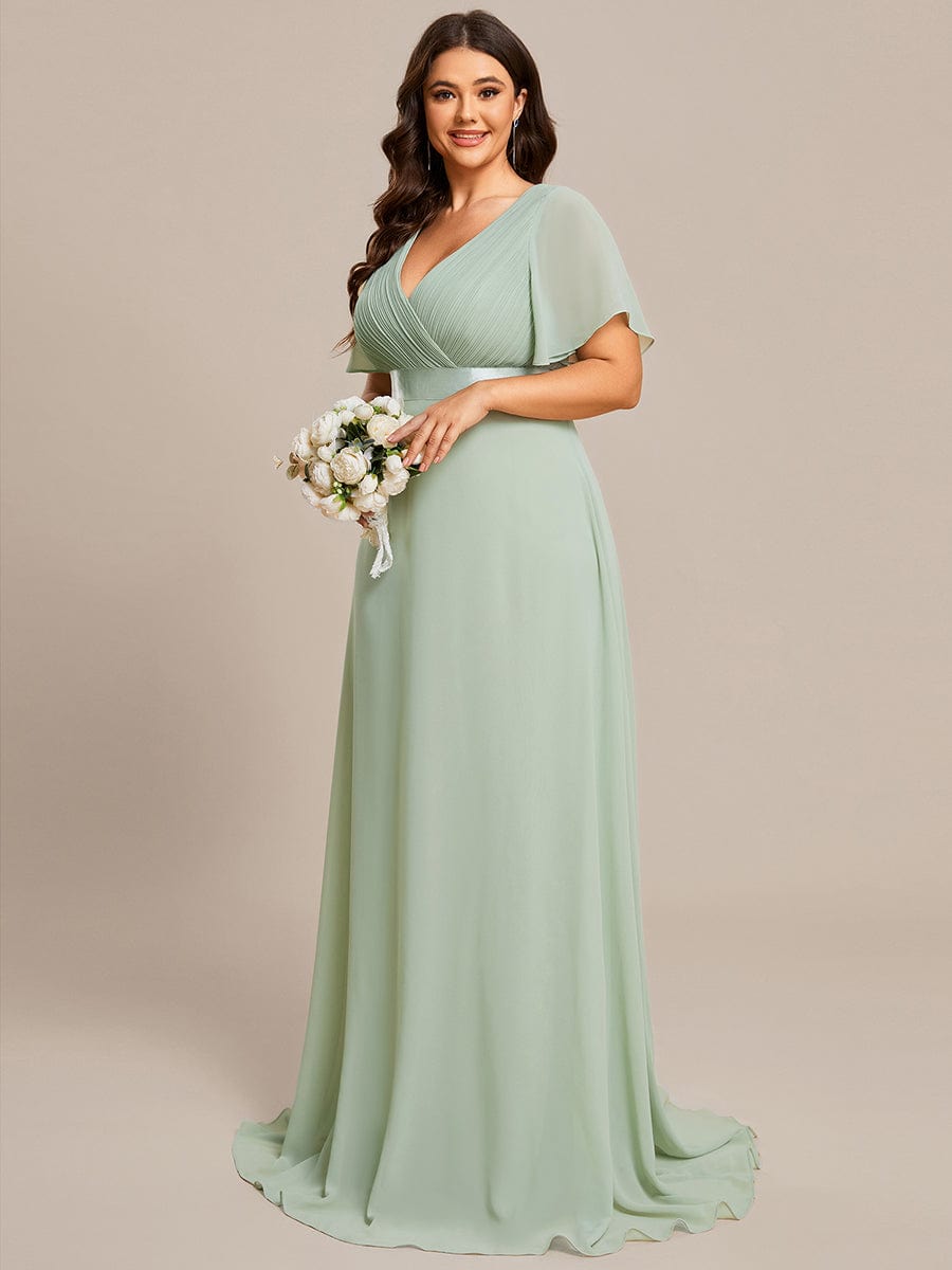 Plus Size Long Empire Waist Evening Dress With Short Flutter Sleeves #color_Mint Green