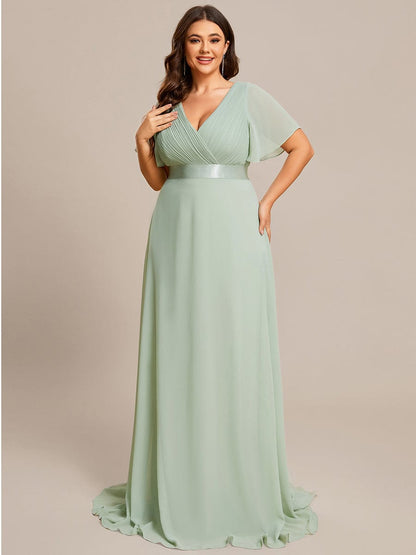 Plus Size Empire Waist V Back Bridesmaid Dress with Short Sleeves