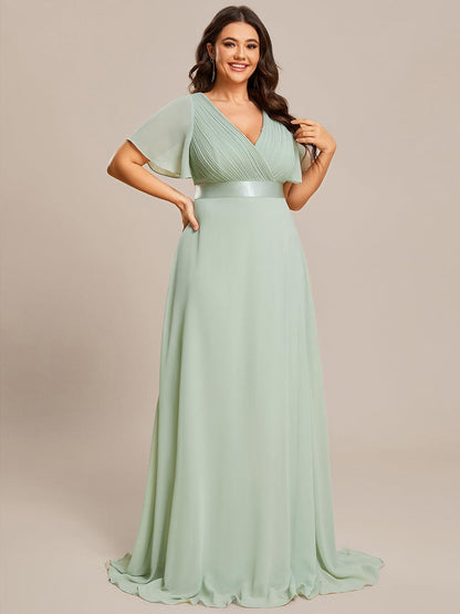 Plus Size Long Empire Waist Evening Dress With Short Flutter Sleeves #color_Mint Green