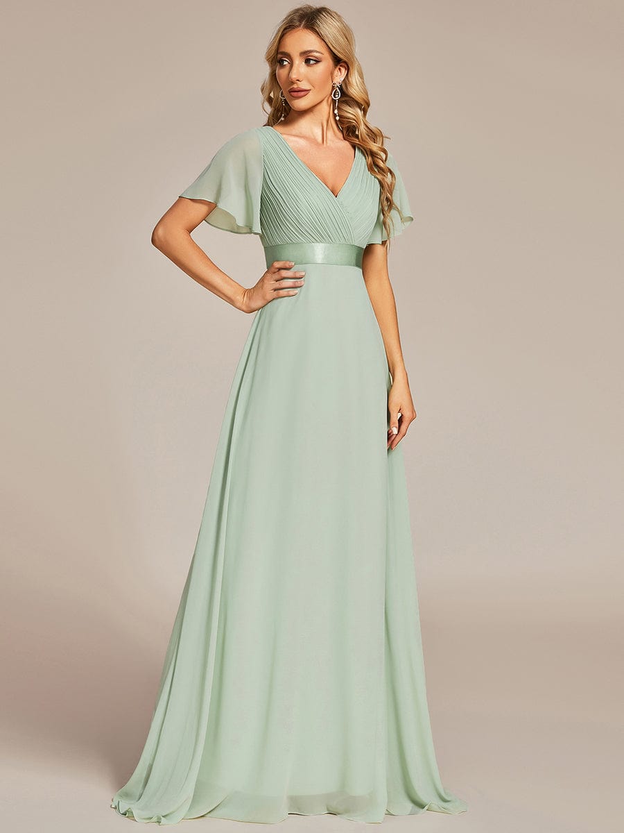 Long Chiffon Empire Waist Bridesmaid Dress with Short Flutter Sleeves #color_Mint Green