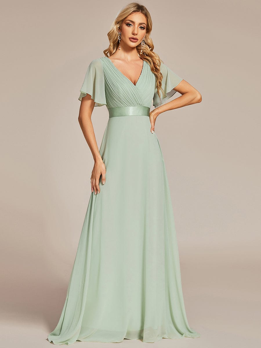 Long Chiffon Empire Waist Bridesmaid Dress with Short Flutter Sleeves #color_Mint Green