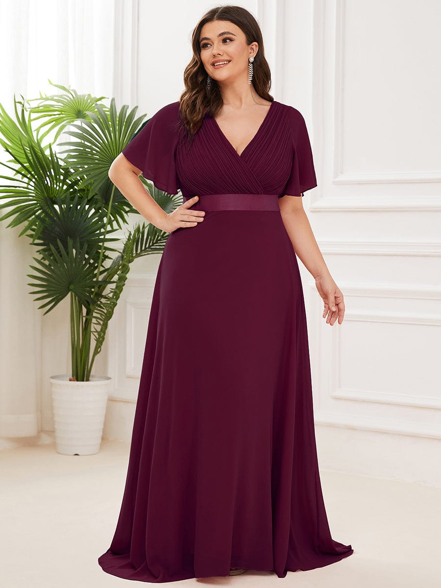 Plus Size Simple Empire Waist Flutter Sleeve Evening Dress #color_Mulberry