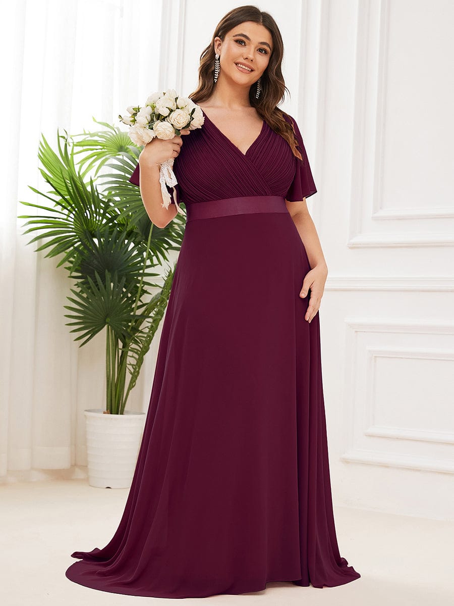 Plus Size Simple Empire Waist Flutter Sleeve Evening Dress #color_Mulberry