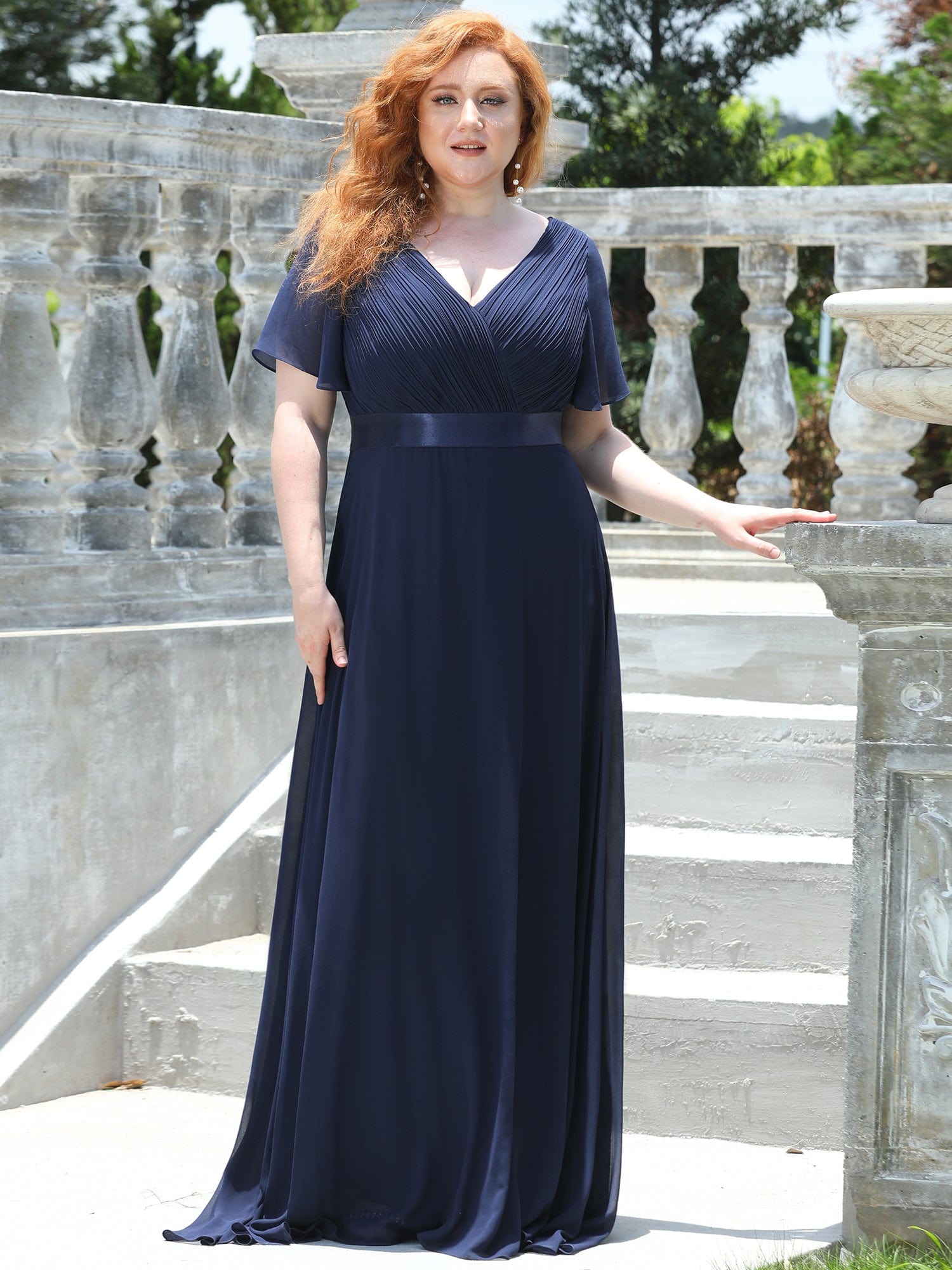 Custom Size Flutter Sleeves Chiffon Empire Waist Bridesmaid Dress #color_Navy Blue