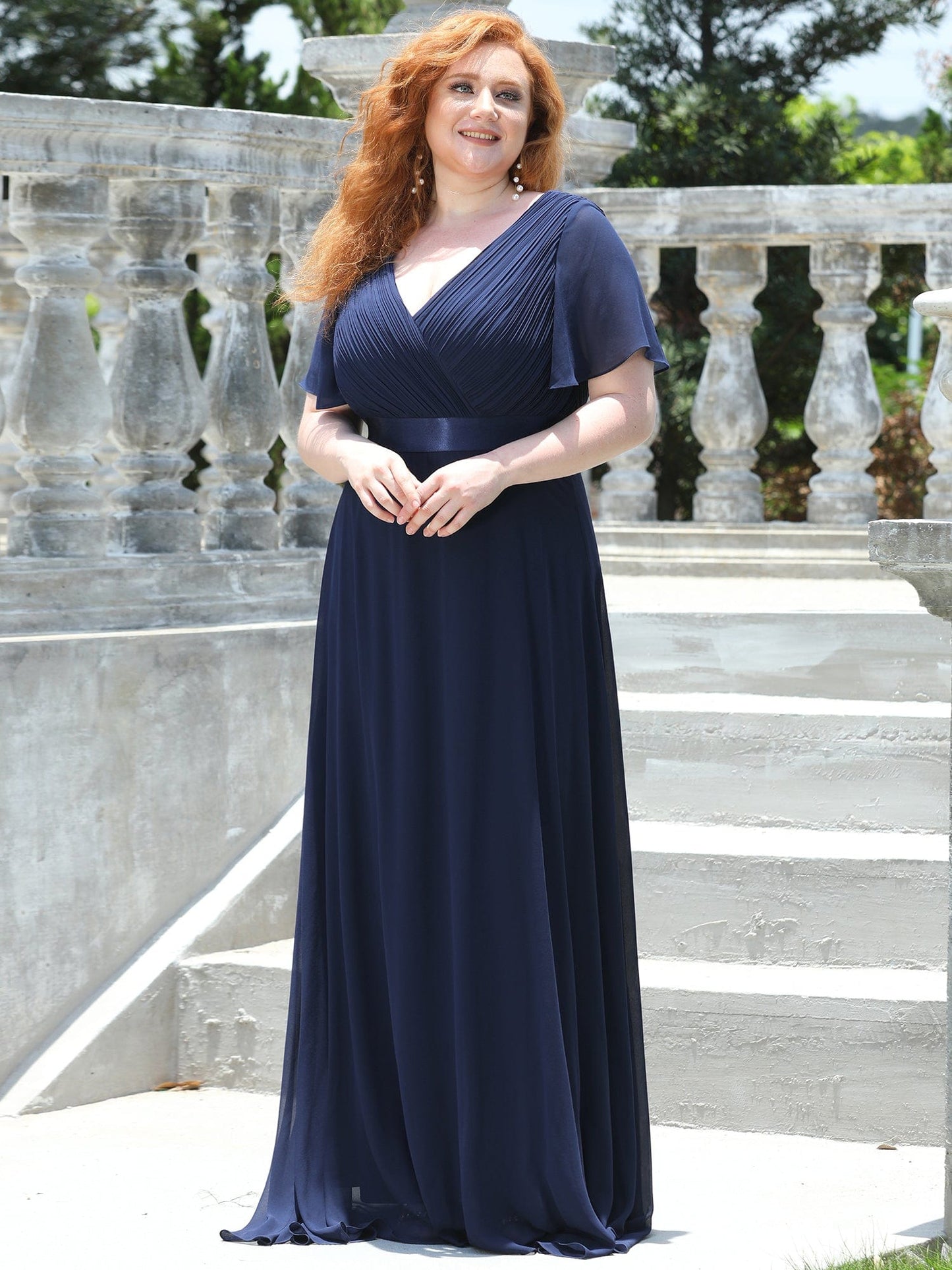 Custom Size Flutter Sleeves Chiffon Empire Waist Bridesmaid Dress #color_Navy Blue