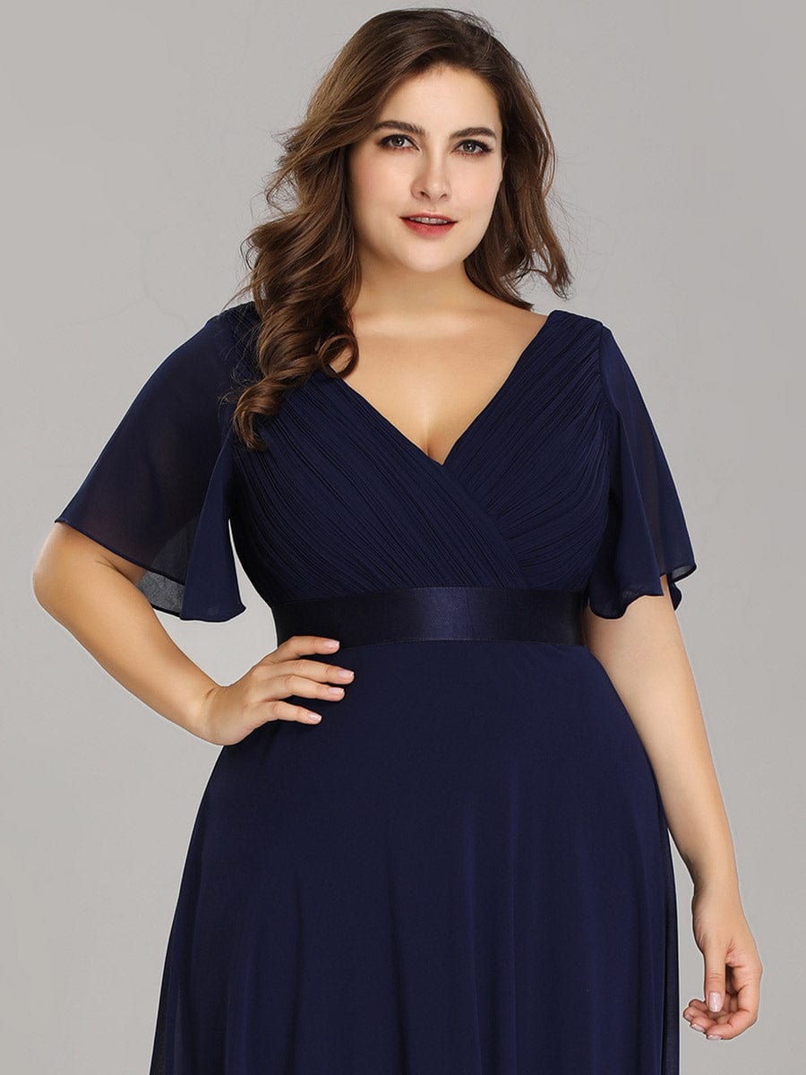 Custom Size Flutter Sleeves Chiffon Empire Waist Bridesmaid Dress #color_Navy Blue