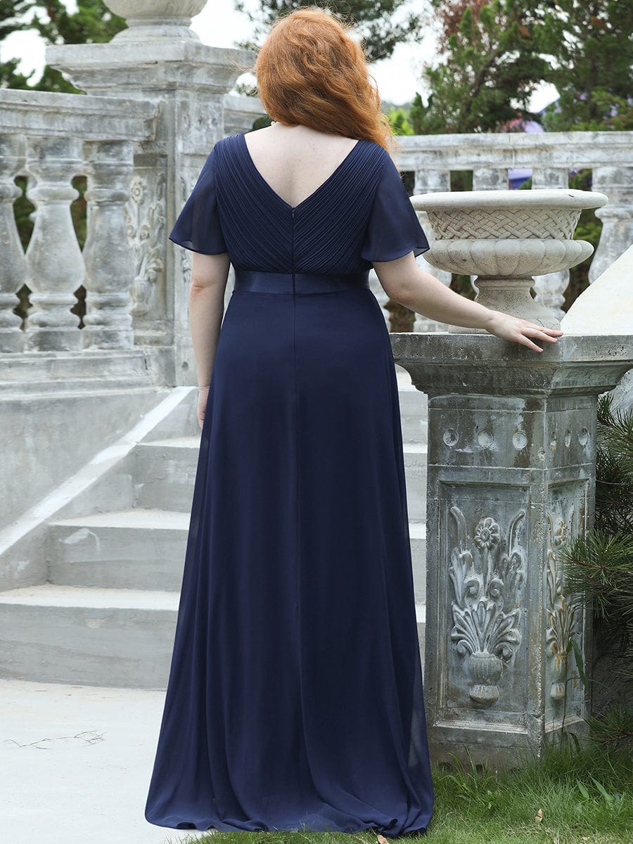 Plus Size Long Empire Waist Evening Dress With Short Flutter Sleeves #color_Navy Blue