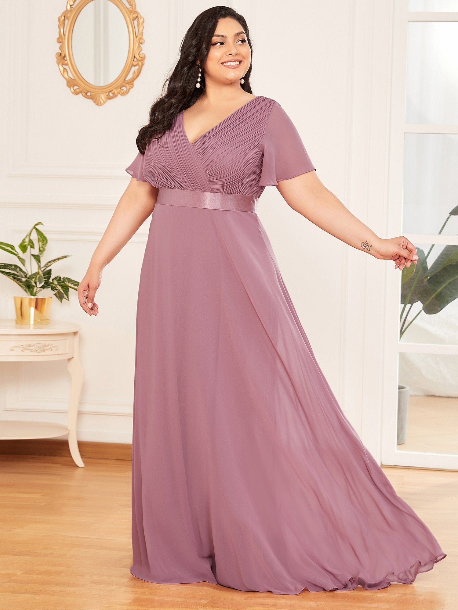 Custom Size Flutter Sleeves Chiffon Empire Waist Bridesmaid Dress #color_Purple Orchid