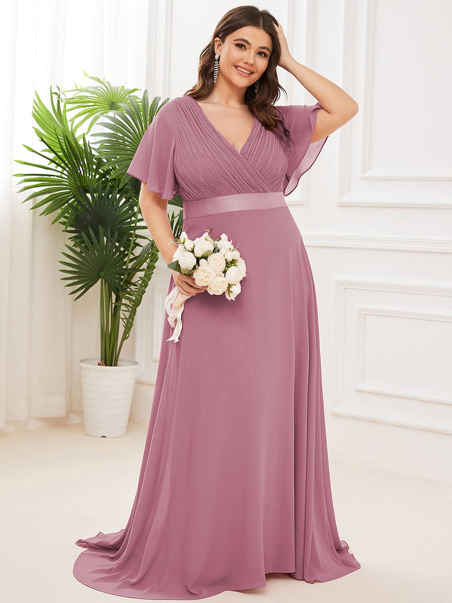 Plus Size Long Empire Waist Evening Dress With Short Flutter Sleeves #color_Purple Orchid