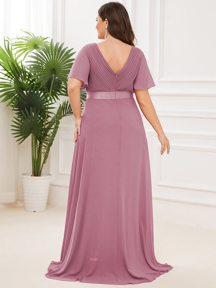 Plus Size Long Empire Waist Evening Dress With Short Flutter Sleeves #color_Purple Orchid