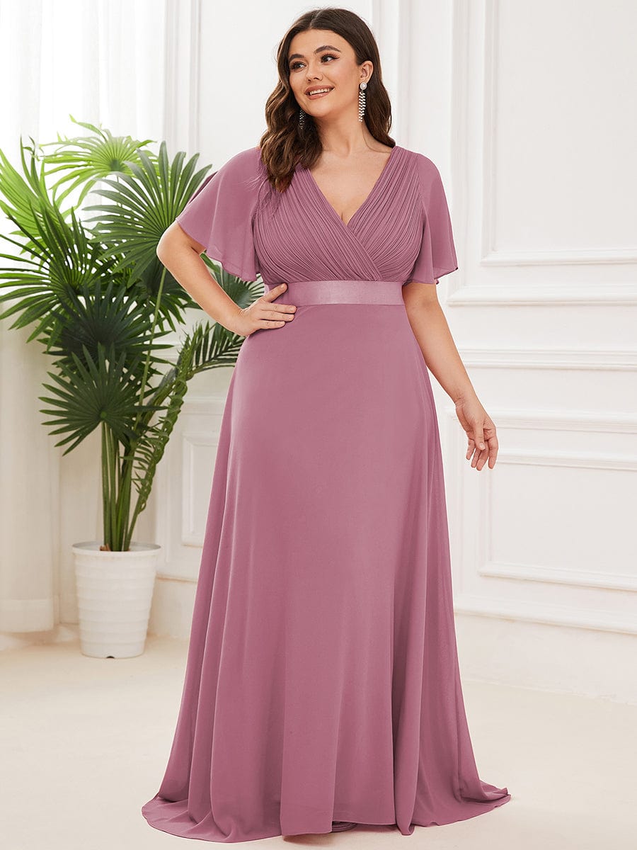 Plus Size Long Empire Waist Evening Dress With Short Flutter Sleeves #color_Purple Orchid