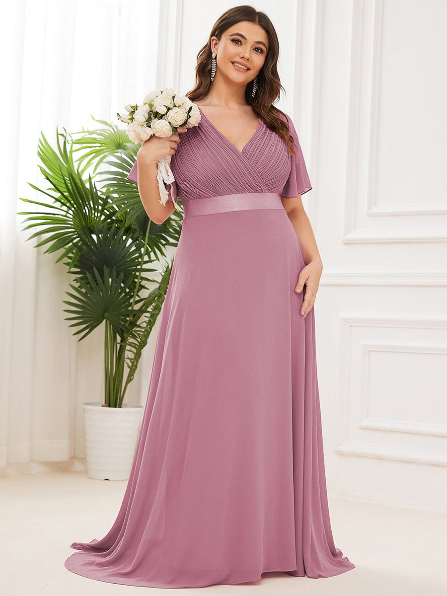 Plus Size Long Empire Waist Evening Dress With Short Flutter Sleeves #color_Purple Orchid