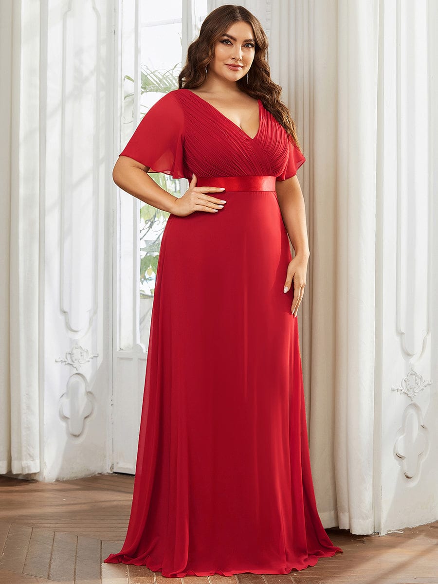 Plus Size Simple Empire Waist Flutter Sleeve Evening Dress #color_Red