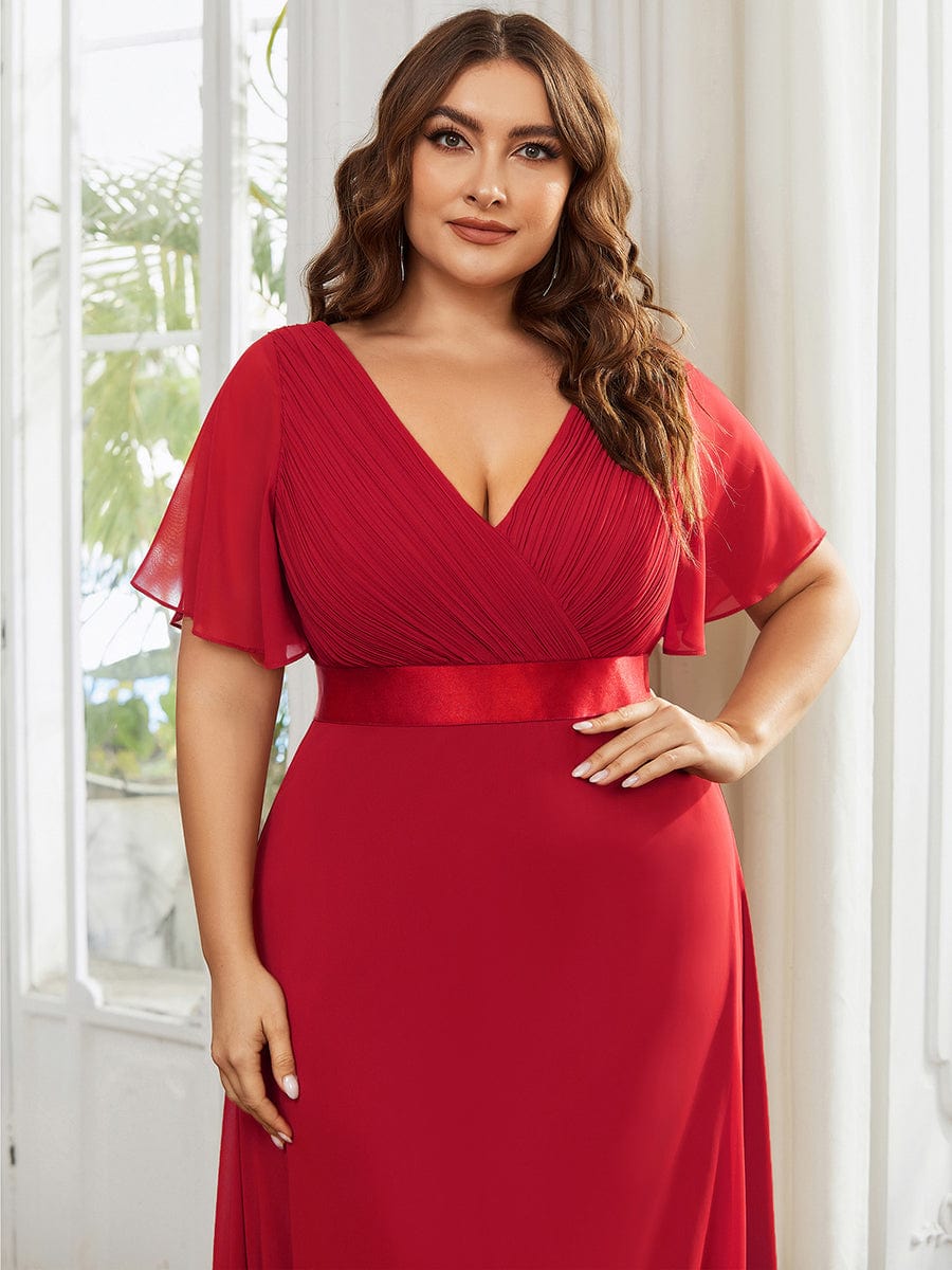 Plus Size Simple Empire Waist Flutter Sleeve Evening Dress #color_Red