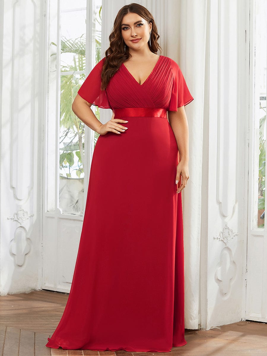 Custom Size Flutter Sleeves Chiffon Empire Waist Bridesmaid Dress #color_Red