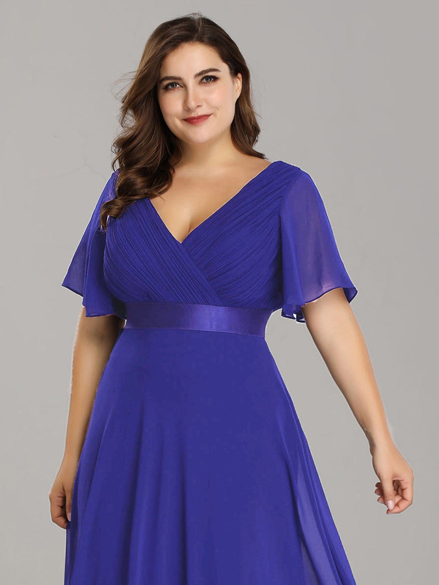 Custom Size Flutter Sleeves Chiffon Empire Waist Bridesmaid Dress #color_Sapphire Blue