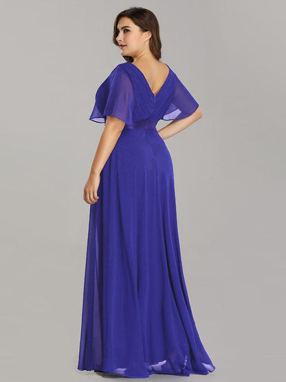 Plus Size Long Empire Waist Evening Dress With Short Flutter Sleeves #color_Sapphire Blue