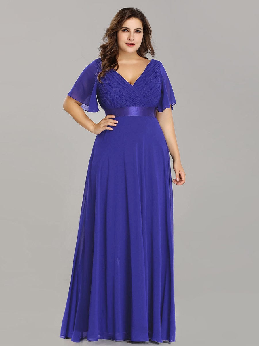 Plus Size Long Empire Waist Evening Dress With Short Flutter Sleeves #color_Sapphire Blue