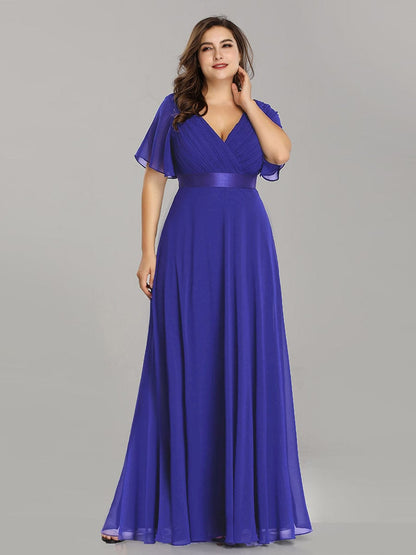 Plus Size Long Empire Waist Evening Dress With Short Flutter Sleeves #color_Sapphire Blue