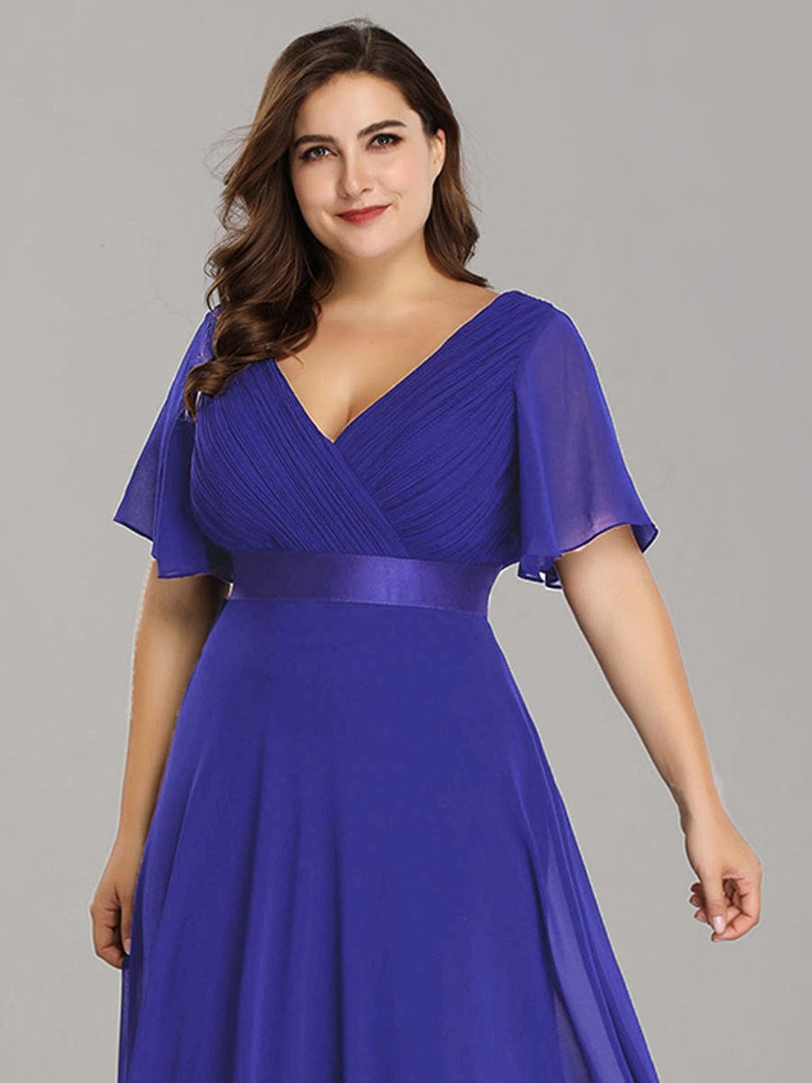 Plus Size Long Empire Waist Evening Dress With Short Flutter Sleeves #color_Sapphire Blue