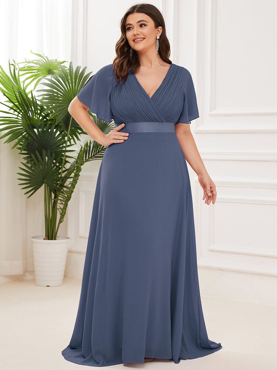 Plus Size Simple Empire Waist Flutter Sleeve Evening Dress