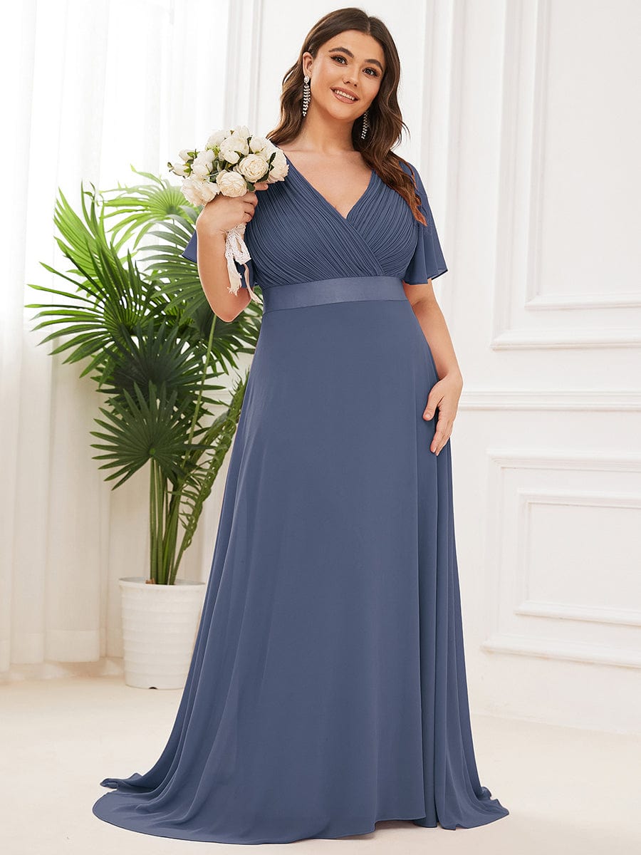 Plus Size Simple Empire Waist Flutter Sleeve Evening Dress #color_Stormy